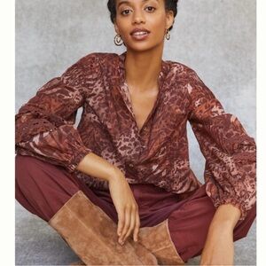 Anthropologie Pilcro Leopard Puff-Sleeved Blouse Henley Cotton Size Small